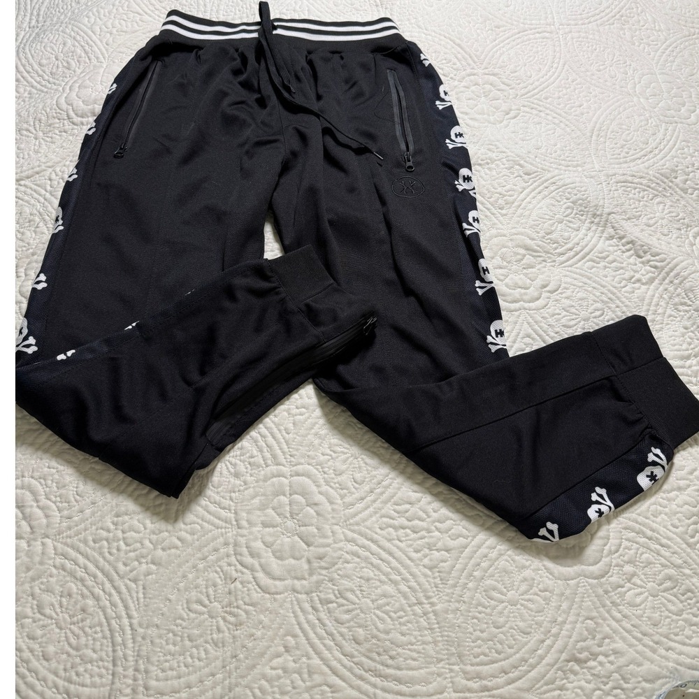 HK Army Track Pants Mens M Black Skull Crossbones Side Stripe Paintball Jogger
